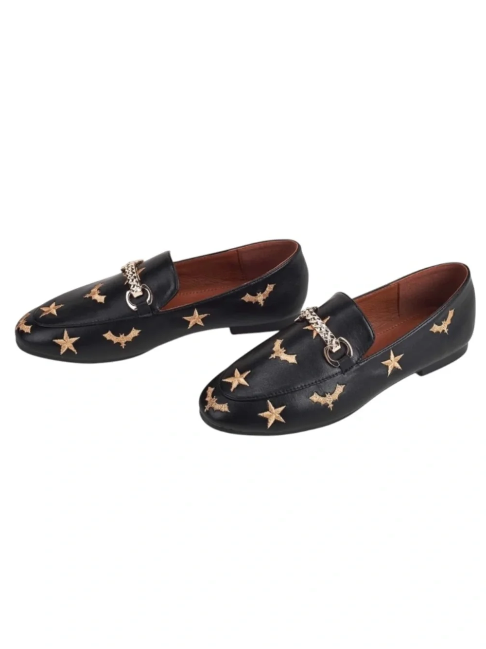 Bat Star Embroidered Loafers Black Horsebit Flat Slip On Shoes Smooth Leather